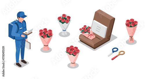 Isometric delivery service with bouquets and gift box in modern flower shop concept