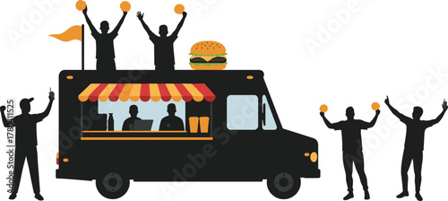 Food truck festival scene, cheerful people celebrating with burgers, street food service, outdoor dining, mobile kitchen, urban snack culture, vector illustration