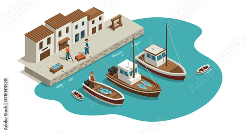 Isometric seaside village scene with boats and fishermen on a bright day