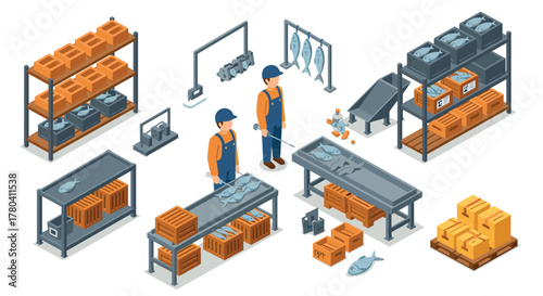 Isometric fish processing facility with workers packaging fresh seafood and equipment