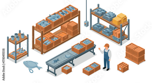 Isometric warehouse scene with worker, conveyor belt, and shelves of products