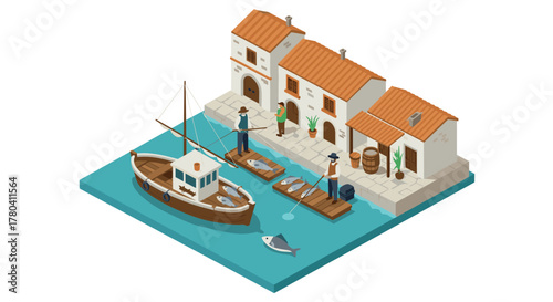 Isometric fishing village scene with fishermen, boat, and historic architecture