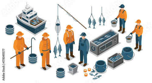 Isometric fishing and seafood processing scene with workers and equipment