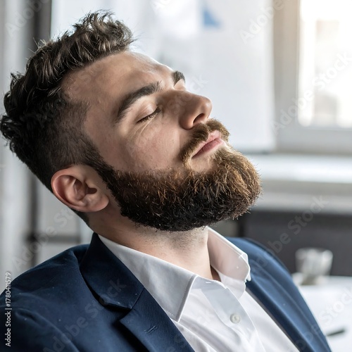 Man in suit leans back, eyes closed. Office background