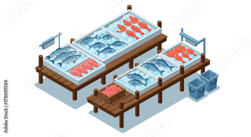 Isometric fish market stall with fresh seafood display and wooden tables