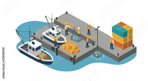 Busy port scene with workers loading cargo on boats and docks