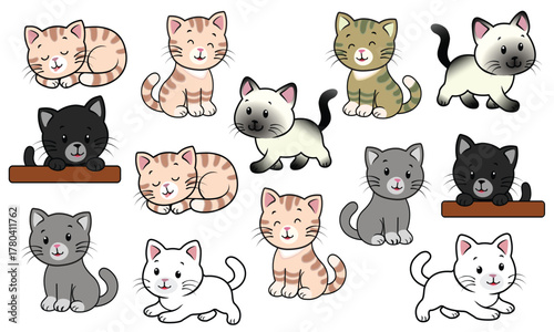A vector set of various cute, simple, and colorful cartoon cat characters in different poses. Ideal for children's designs, stickers, patterns, or pet-related projects