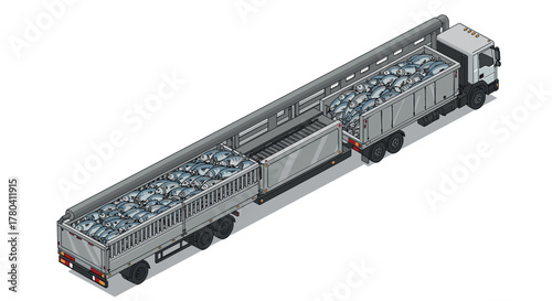 Isometric truck carrying seafood in refrigerated containers for transport and distribution
