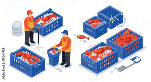 Isometric lobster catching fishermen handling crates of fresh seafood