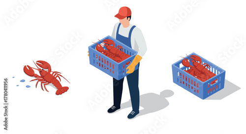 Isometric lobster delivery with worker handling seafood in baskets