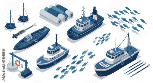 Isometric fishing boats and gear with fish school