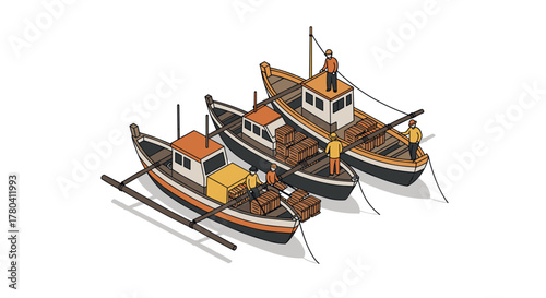Traditional fishing boats with crew and cargo in simple isometric style