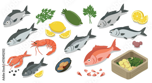 Isometric fresh seafood and ingredients arrangement for culinary projects