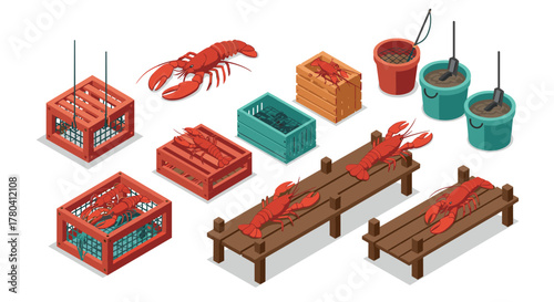 Isometric lobster fishing equipment and seafood display set