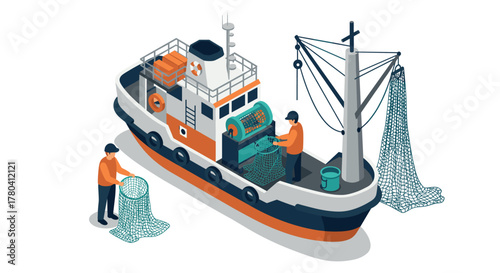 Fishing trawler with crew handling nets in isometric style