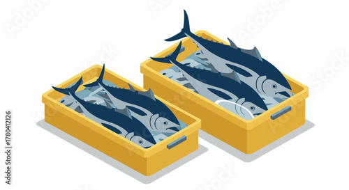 Large tunas in yellow containers  fresh seafood catch in isometric art style