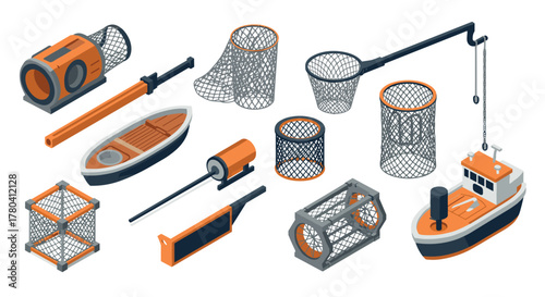 Isometric fishing equipment collection nets, traps, and boats in modern 3d design