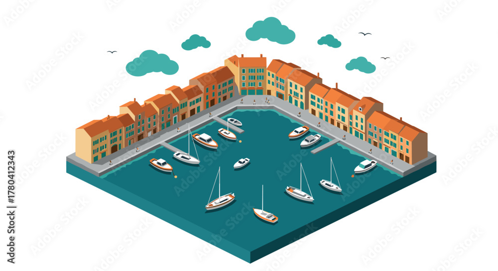 Obraz premium Charming isometric harbor scene with colorful buildings and boats