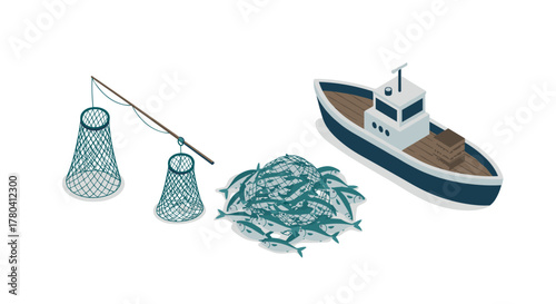 Isometric fishing scene with boat, nets, and fresh catch