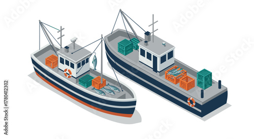 Isometric fishing boats with fresh catch and crates on white background