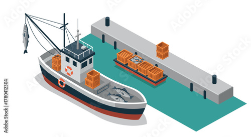 Isometric fishing boat and dock with crates and fish in harbor scene