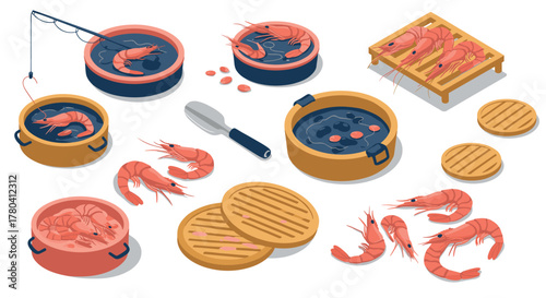 Isometric seafood elements with prawns, cooking utensils, and wooden racks