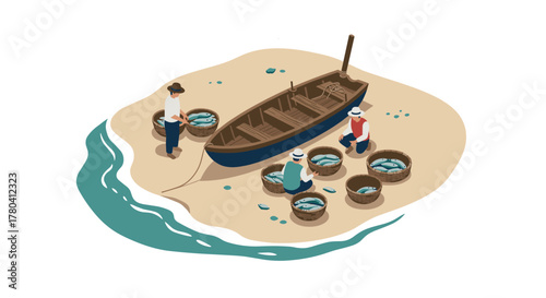 Isometric scene of fishermen and boat on sandy shore with baskets of fresh fish