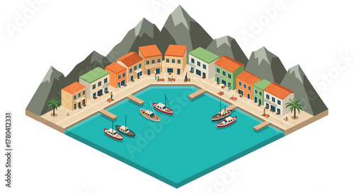 Picturesque coastal town with colorful houses and boats in isometric style