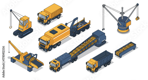 Isometric construction vehicles set trucks, cranes, and heavy machinery