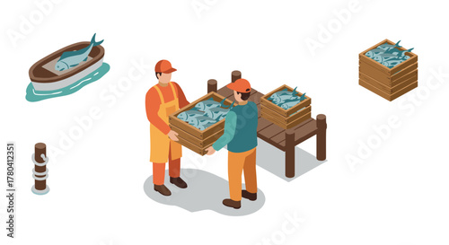 Isometric fishermen unloading fresh fish crates at the dock with boat nearby