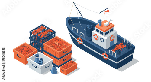 Isometric fishing boat with lobster catch and storage crates at harbor