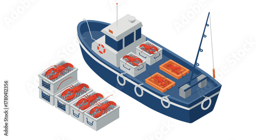 Isometric fishing boat with lobster crates for commercial seafood industry design