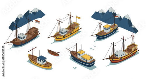 Colorful isometric fishing boats with mountain background