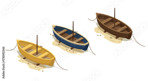 Isometric wooden rowboats on sandy shoreline