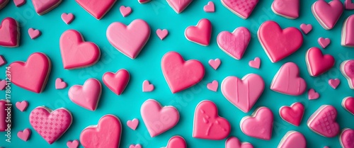 Heart shaped treats in pink and purple shades create a joyful pattern on a vibrant teal backdrop, heart shapes,  pattern
