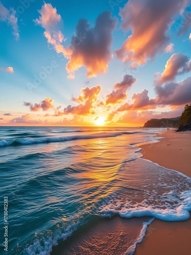 hawaii, beach, sunset, ocean, waves, sand, tropical, paradise, coast, seascape, pacific, island, golden hour,  ocean, hawaii