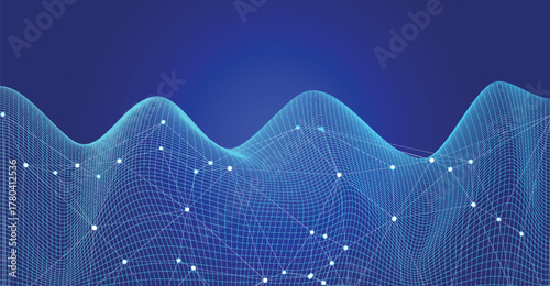 Abstract blue network grid with white nodes forming a connected system over a wavy landscape.