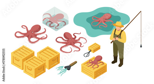 Isometric octopus farming modern aquaculture with fishing elements