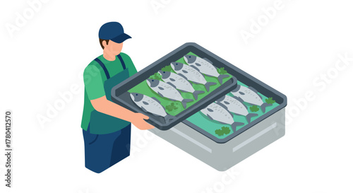 Worker holding tray of fresh fish in isometric style with white background