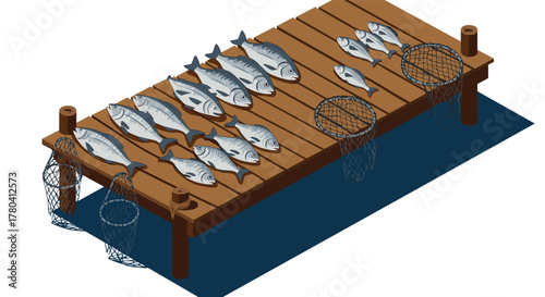 Isometric fishery scene with freshly caught fish on wooden dock