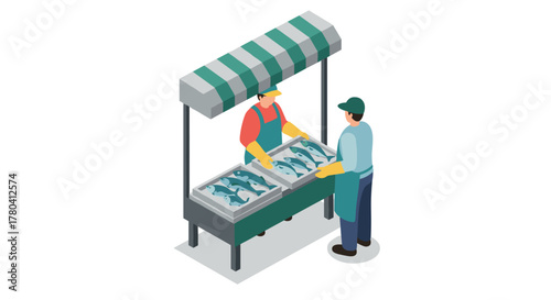 Isometric fish market scene with vendor and customer interaction under striped canopy