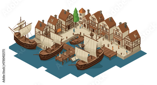 Isometric old town port with sailboats and historical buildings
