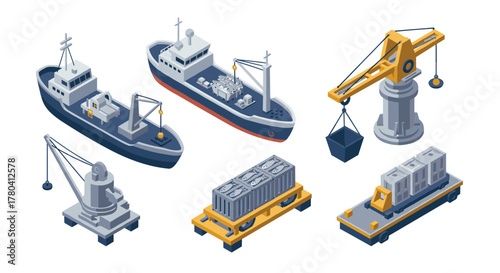 Isometric cargo ships and industrial equipment collection for maritime logistics
