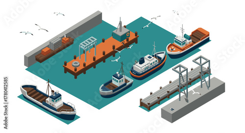 Isometric maritime scene with boats and harbor elements featuring seagulls