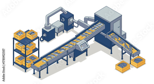 Isometric industrial conveyor line with automated packaging system