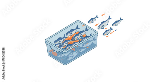 Creative escape concept with fish transitioning from box to swimming freely