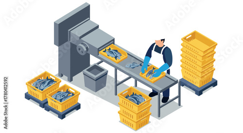 Isometric fish processing facility with worker on production line