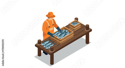 Isometric fisherman sorting fresh fish on wooden table in orange vest and hat