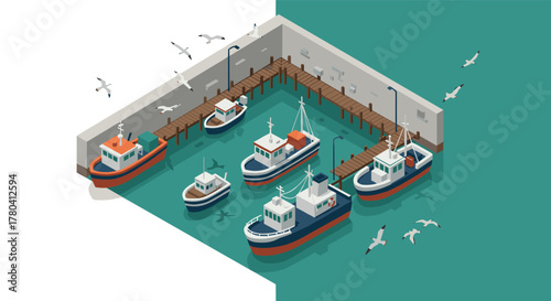 Isometric harbor scene with fishing boats and seagulls in calm waters