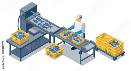 Isometric factory worker packing fish on automated conveyor belt